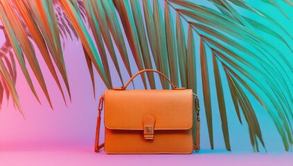 Stylish Mustard Yellow Leather Briefcase Under Palm Leaves.