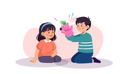Kids playing with puppets game with fiction animal doll glove. Happy cute boy and girl having fun with toys on hands, dolls. Creative kindergarten game.