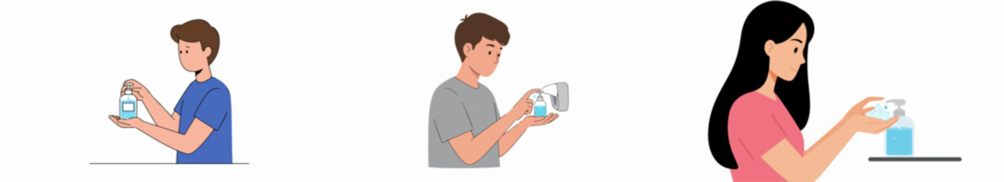 Collection of illustrations showing people using hand sanitizer and soap dispensers for personal hygiene, health protection, and disease prevention on white background.