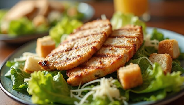 Grilled chicken caesar salad close-up. Fresh romaine lettuce, croutons, and parmesan cheese with juicy poultry slices. Served on plate, appetizing meal.