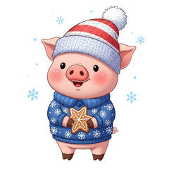 Cute winter pig cartoon illustration wearing hat and sweater holding gingerbread cookie for christmas art on transparent background