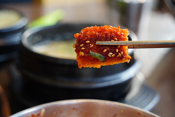 Close-up of spicy grilled or braised Korean dried pollock