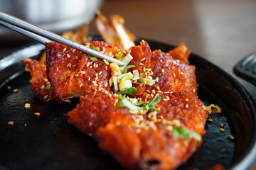 Close-up of spicy grilled or braised Korean dried pollock