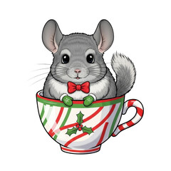 Cute chinchilla in teacup christmas holiday illustration adorable pet rodent animal cartoon festive art print on transparent background