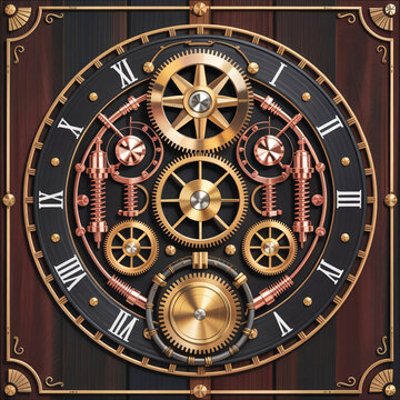 Steampunk clock face with brass gears, cogs and springs, copper mechanisms and Roman numerals on wood, ornate mechanical timepiece illustration for vintage design