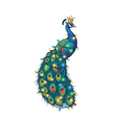 Peacock with crown and christmas lights illustration festive holiday season decoration party design art on transparent background