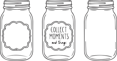 Set of three mason jar illustrations with decorative labels and inspirational quote vector design for lifestyle and decor themes