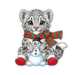 Snow leopard christmas winter holiday season cute animal snowman scarf festive adorable cartoon illustration on transparent background