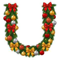 Christmas letter u clip art with ornaments and bows for holiday decoration and festive designs on transparent background