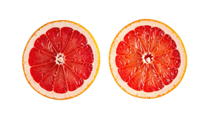 Two halved, juicy grapefruits; vibrant red pulp visible, framed by light skin. Shot against a solid black background