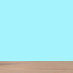 Minimalist light blue wall and wooden floor background