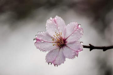Close-up of cherry blossom with raindrops on petals.