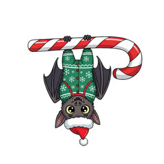 Christmas bat hanging from candy cane cute holiday animal illustration festive season design vector art on transparent background