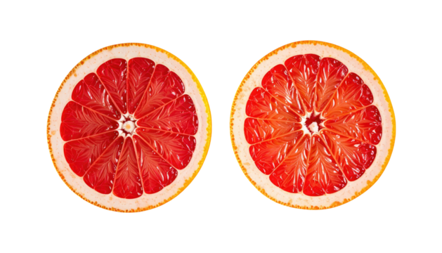 Two halved, juicy grapefruits; vibrant red pulp visible, framed by light skin. Shot against a solid black background