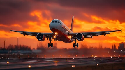 Airplane taking off at sunset with vibrant orange sky.