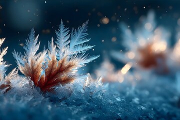 Close-up of frost crystals glowing in winter sunlight.