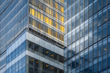 Modern glass office building with geometric reflections.