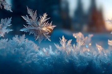 Frost crystals glowing in soft winter sunlight.