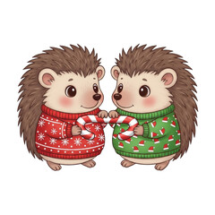 Cute christmas hedgehogs in sweaters holding candy cane holiday season animal cartoon illustration art on transparent background
