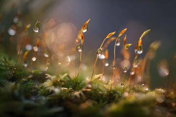 Macro view of moss with morning dew drops glowing in sunlight.