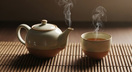 Fototapeta premium Steaming Tea Still Life Teapot and Cup on Bamboo Mat Relaxing Hot Drink