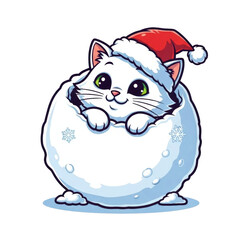 Cute christmas cat in snowball cartoon illustration for holiday season greetings and festive designs on transparent background