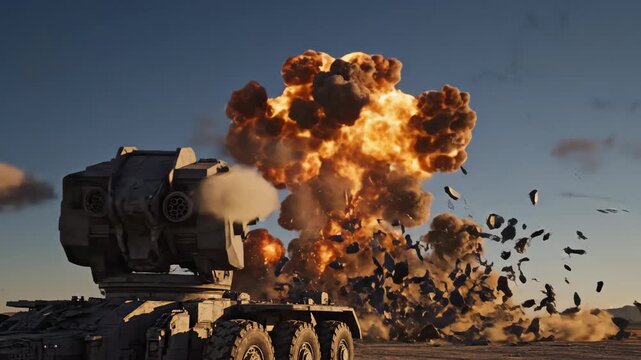 Explosive Scene A Truck Evades the Blast in a Desert Landscape