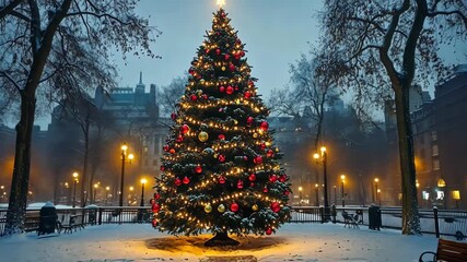 Illuminated christmas tree glowing in snowy evening park with sparkling lights - Powered by Adobe