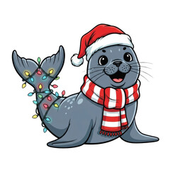 Christmas seal with santa hat and lights cute holiday animal cartoon vector illustration image design art on transparent background