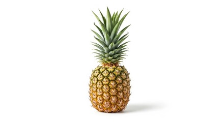 Fototapeta premium A whole pineapple with green leaves isolated on a pure white background, bright lighting, realistic texture, clean background, minimal shadow, commercial product photo.