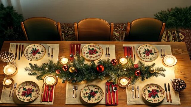 Elegant holiday dining table with festive decor and candlelight ambiance