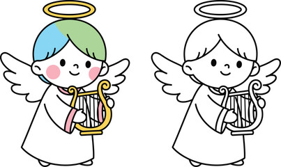 Cute Cartoon Angel Playing a Harp with Halo and Wings  Sweet and Heavenly Religious Illustration