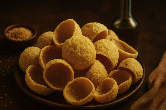 A pile of crispy, hollow, and light Indonesian Tofu Chips (Keripik Tahu) with a round, cup-like shape, served on a rustic dark wooden plate