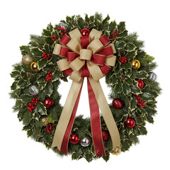 Buy christmas wreath online decorated with red gold ribbon and ornaments for front door holiday decor on transparent background