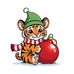 Cute christmas tiger cub with ornament and hat holiday season festive animal illustration cartoon character on transparent background
