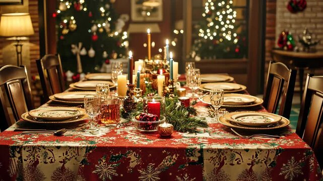 Festive dining table with candlelight sparkle and holiday decor in cozy setting