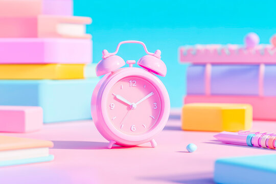 Alarm clock notebooks and school supplies on color background education time management concept