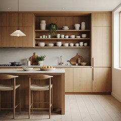 Modern Wooden Kitchen with Island and Bar Stools.