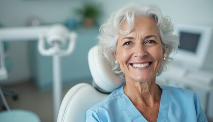 Obraz premium Elderly woman sits in dental chair, smiling with perfect white teeth after treatment. She looks happy and healthy, showing good oral care results. Dentist appointment completed, patient satisfied.