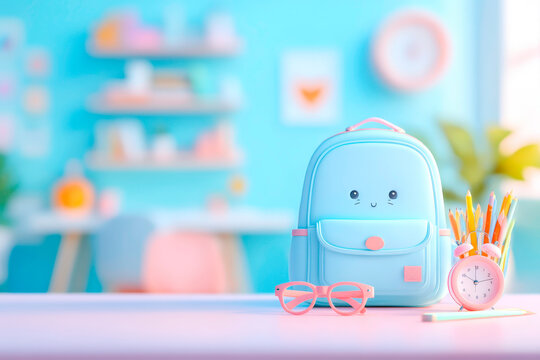 Backpack with stationery eyeglasses and alarm clock on classroom desk punctual school routine