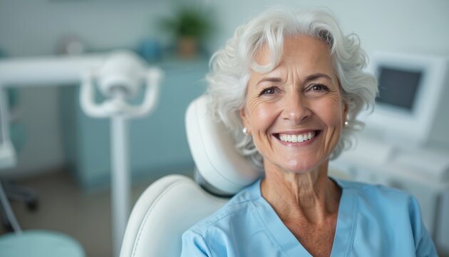 Elderly woman sits in dental chair, smiling with perfect white teeth after treatment. She looks happy and healthy, showing good oral care results. Dentist appointment completed, patient satisfied. - Powered by Adobe