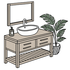 Fototapeta premium Modern bathroom vanity with vessel sink mirror soap dispenser and potted plant