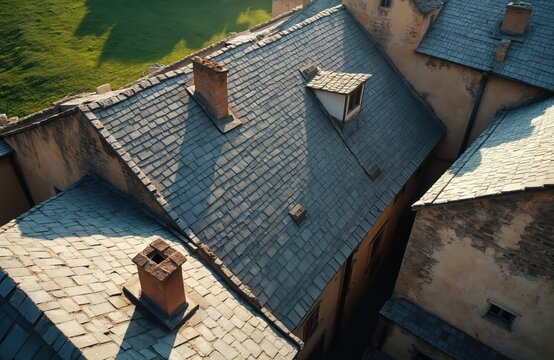 Close aerial view of slate tile rooftops on old European buildings. Chimneys and small dormer windows break the textured gray expanse, casting shadows from the sun.