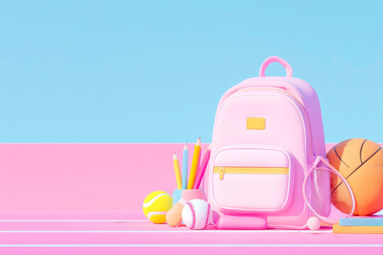 Blue background with backpack sports equipment and school supplies healthy school routine