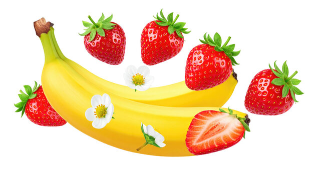 Bananas lie between strawberries and white flower blossoms over a black background, with a cut strawberry nearby