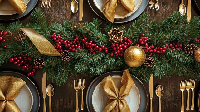Elegant holiday table setting with pine garland and golden decor elements