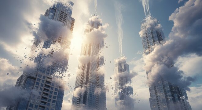 Tall modern skyscrapers disintegrating into clouds and debris against a sunlit sky.