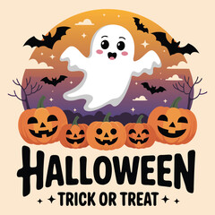  Cute halloween illustration with a friendly ghost pumpkins and bats flying