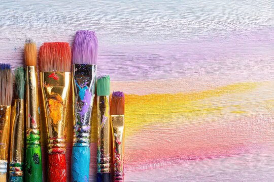 Artistic Paintbrushes Displayed On A Colorful Painted Surface With Textured Background