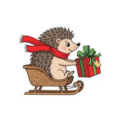 Hedgehog christmas illustration: cute animal in sleigh delivering gift with scarf holiday card design on transparent background
